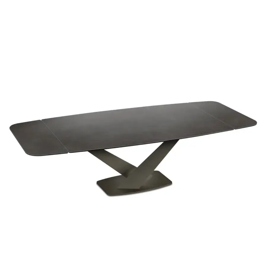 Superior Naos Zeus extendable dining table with a ceramic top and painted metal base in a dark muted gray-brown finish