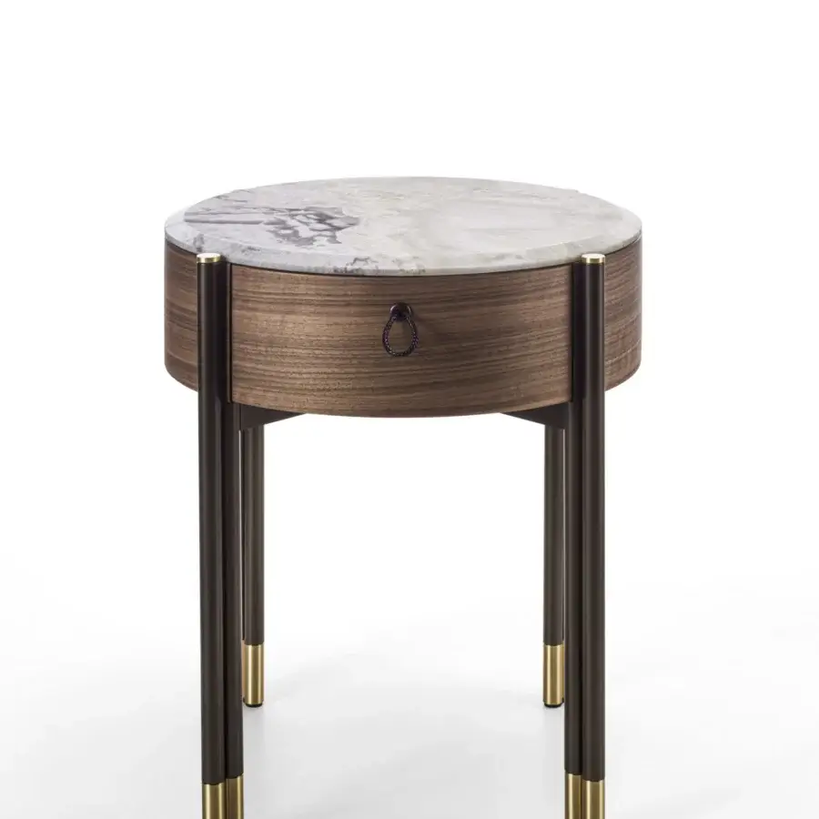 Distinguished Porada Bayus Tondo 44 nightstand crafted in Canaletto walnut with a satin finish and striking grey and white marble tabletop