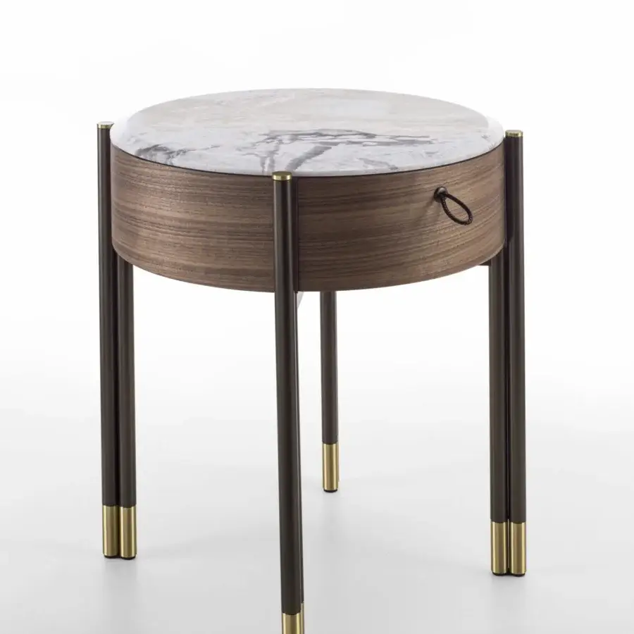 Exceptional Porada Bayus Tondo 44 nightstand built in Canaletto walnut with a satin finish and marble tabletop featuring saddle leather detailing