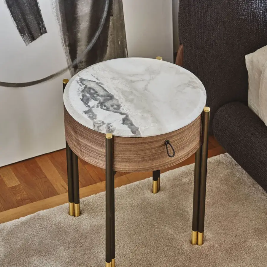 Lavish Porada Bayus Tondo 44 nightstand crafted in Canaletto walnut with a marble tabletop and saddle leather handle