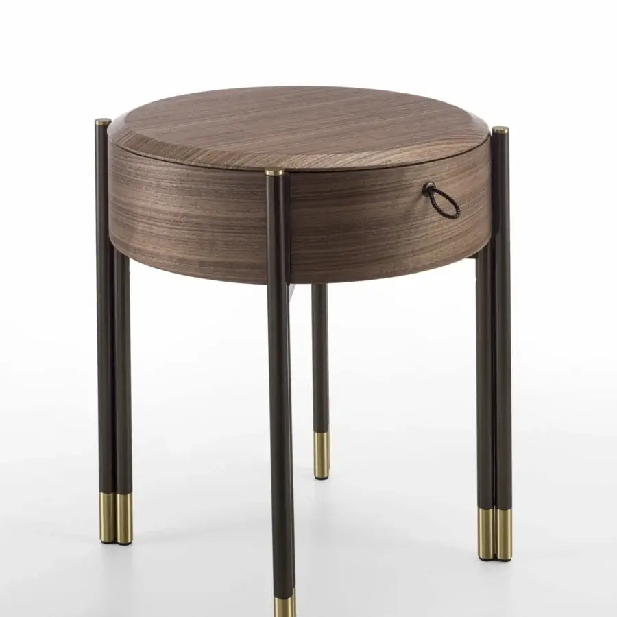 Distinguished Porada Bayus Tondo 44 nightstand built in Canaletto walnut with saddle leather and a satin finish