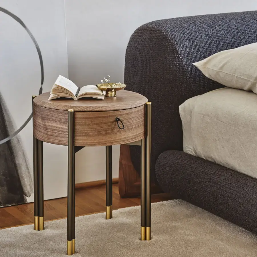 Exceptional Porada Bayus Tondo 44 nightstand built in Canaletto walnut with saddle leather handle and Bronzoro metal base with satin finish