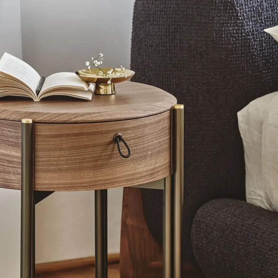 Lavish Porada Bayus Tondo 44 nightstand built in Canaletto walnut with saddle leather handle and Bronzoro metal base with satin finish