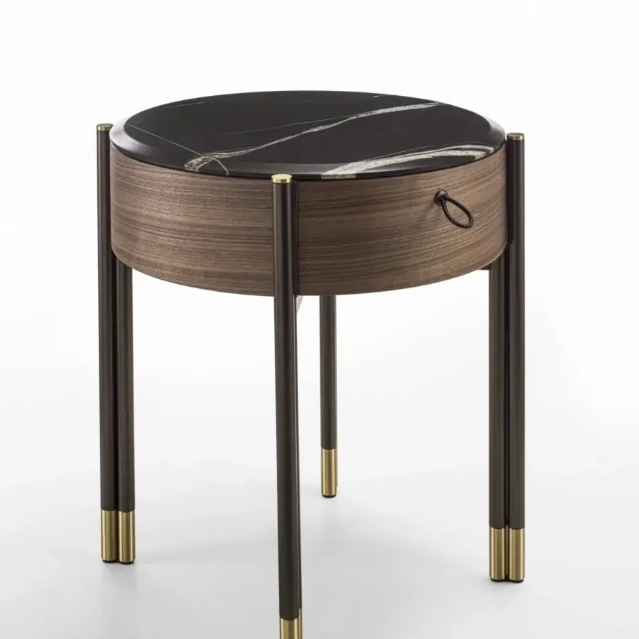 Superior Porada Bayus Tondo 44 nightstand crafted in Canaletto walnut with marble tabletop and saddle leather handle in satin finish