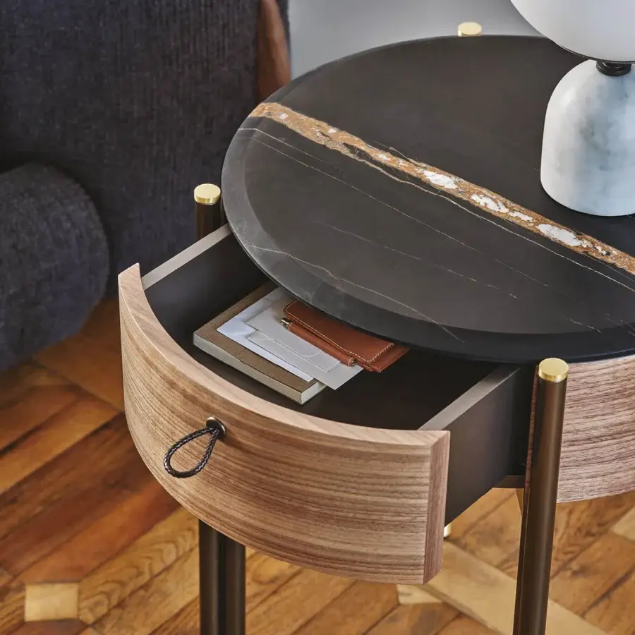 Distinguished Porada Bayus Tondo 44 nightstand built in Canaletto walnut with dark marble and saddle leather accents with satin finish