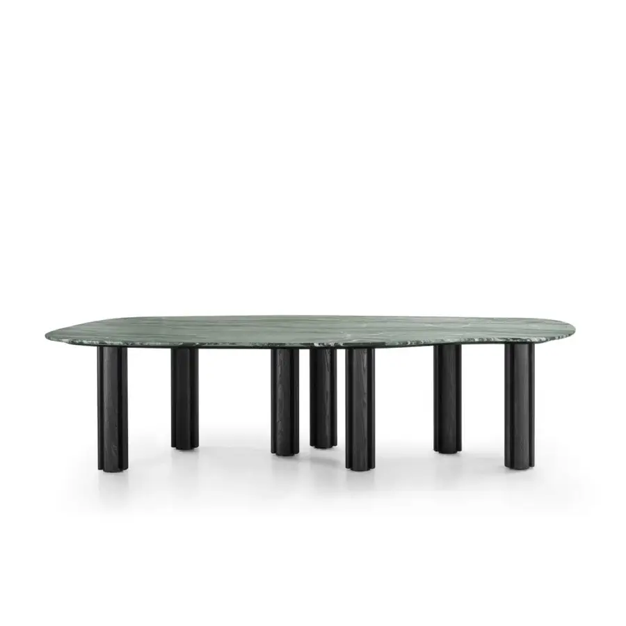 Elegant Porada Berry table with vibrant green marble and dark matte-finished wooden legs balances sculptural form with refined luxury