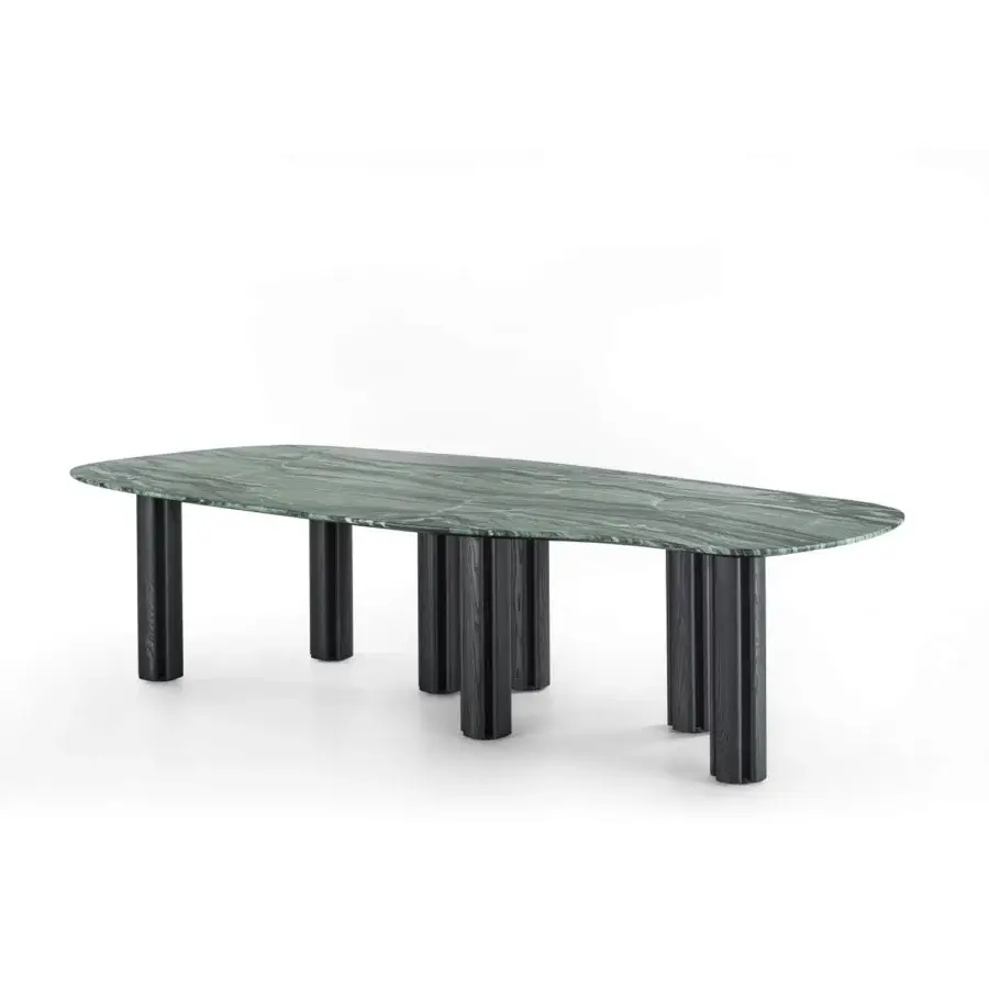 Superior Porada Berry table with sculpted dark green marble and uniquely fluted dark-toned wooden legs