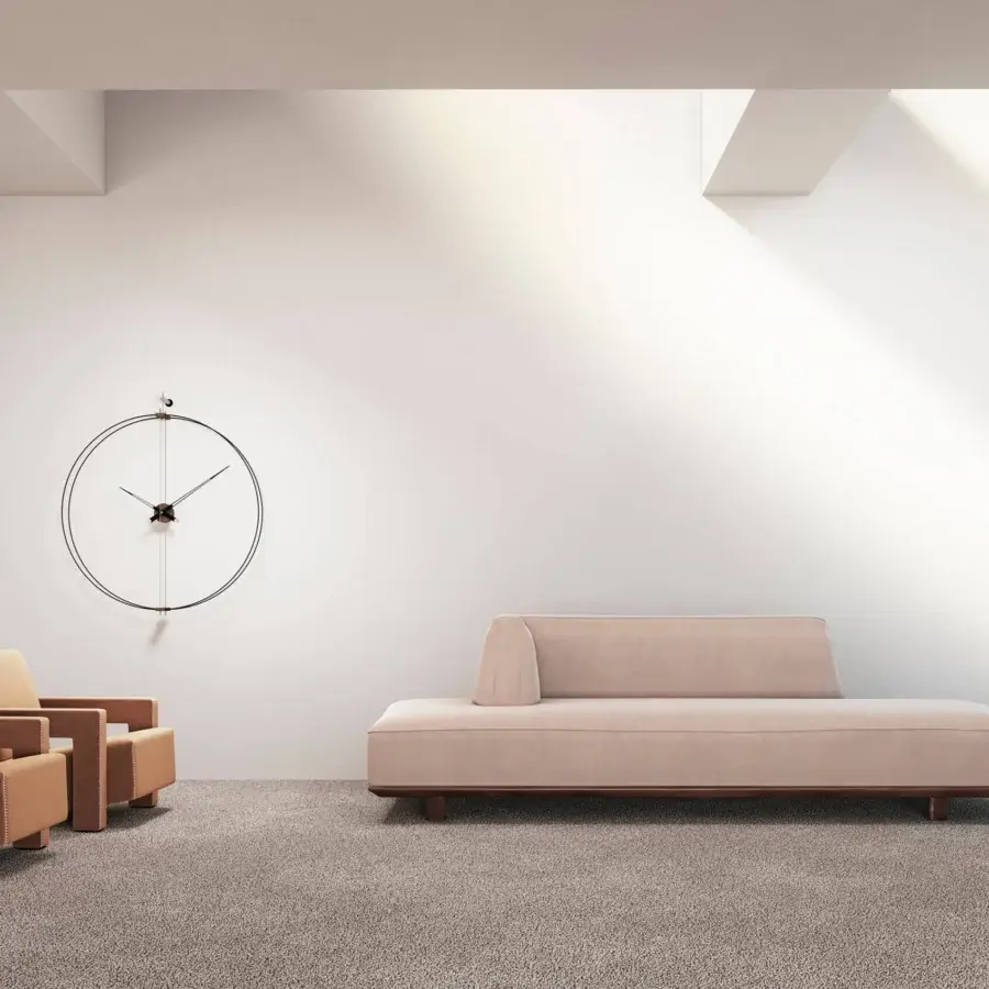 Distinguished Nomon Barcelona wall clock with black fiberglass and warm walnut elements in a light metallic finish