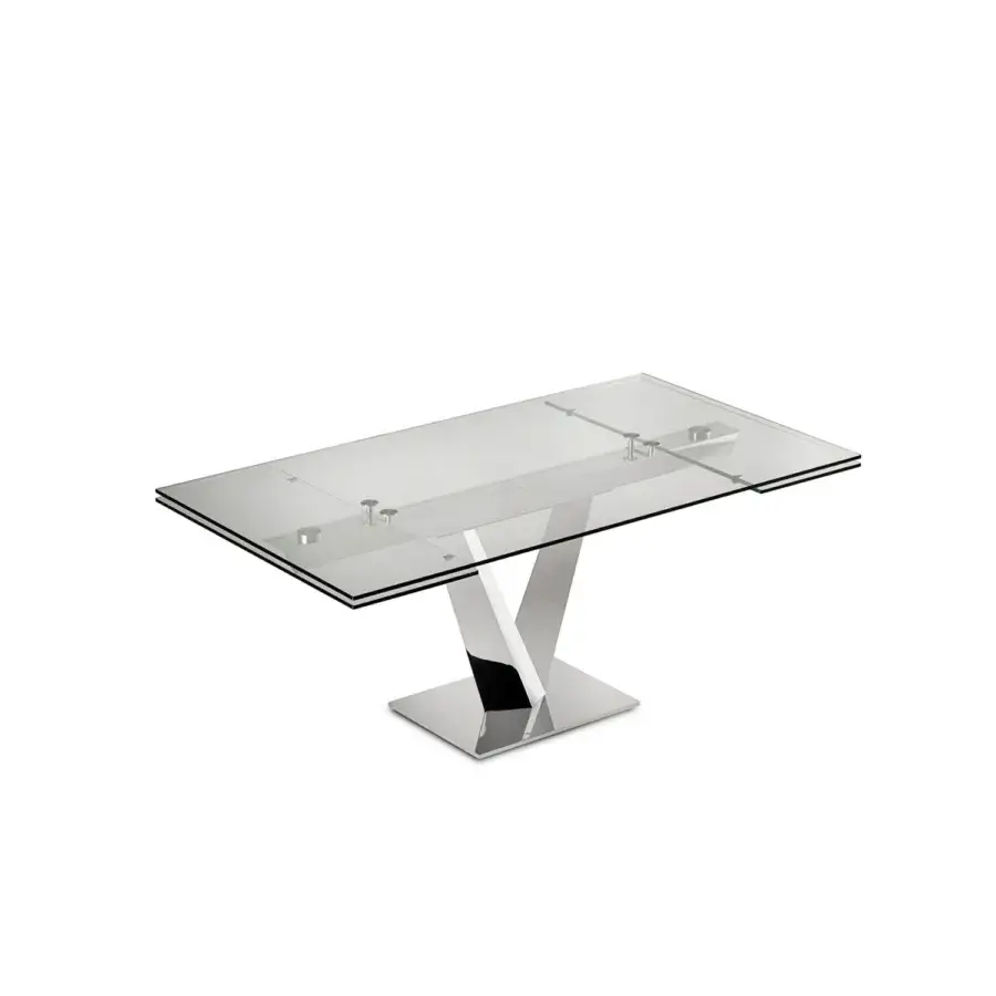 Exceptional Naos Minosse table with a clear glass top and polished silver-tone metal base crafted in Italy