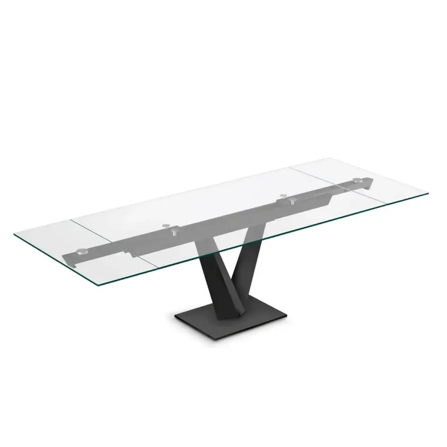Elegant Naos Minosse table with a glass top and sculptural v-shaped base crafted in a matte dark gray finish