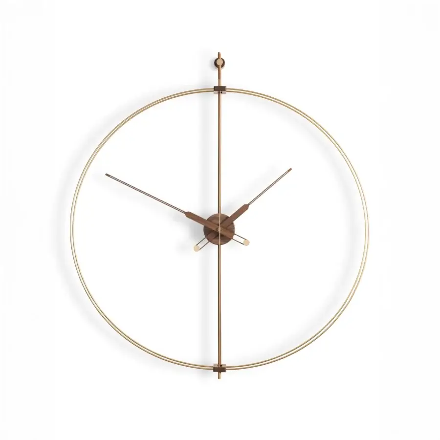 Exclusive Nomon Barcelona Premium wall clock with a polished brass double fiberglass bezel and dark-toned wooden housing