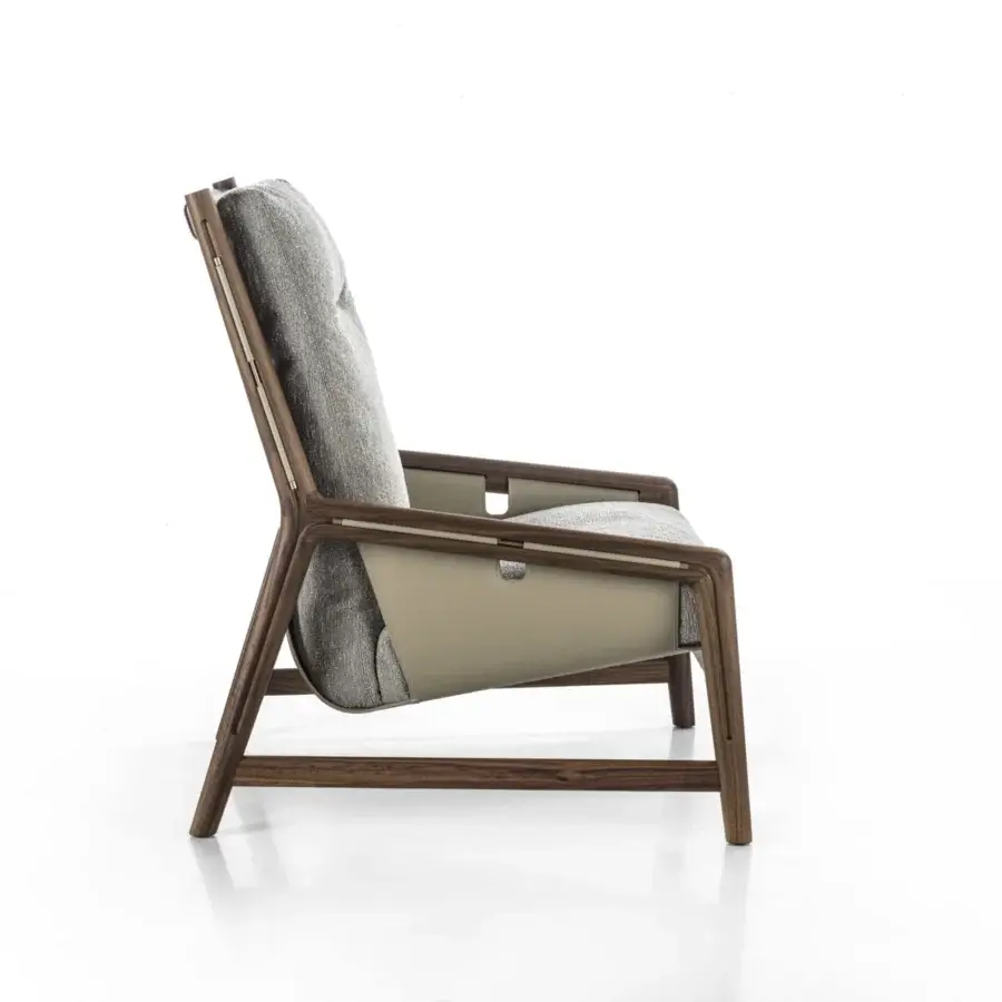 Exceptional Porada Bice armchair with solid Canaletto walnut frame and neutral gray textile upholstery crafted with Champagne metal detailing