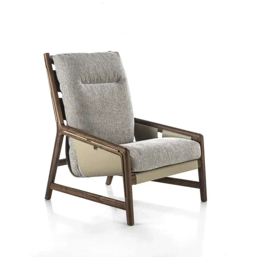 Elegant Porada Bice armchair with Canaletto walnut frame and Champagne metal, upholstered in muted gray Cuoietto leather