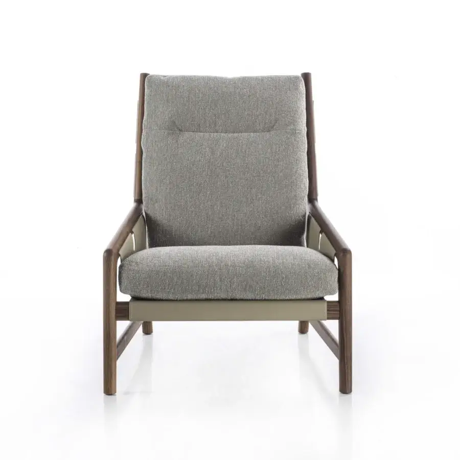 Distinguished Porada Bice armchair with solid Canaletto walnut frame and textured neutral gray textile upholstery, showcasing satin finish