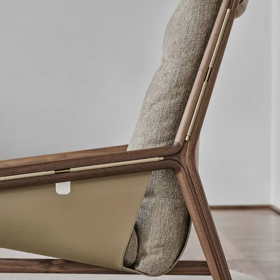 Superior Porada Bice armchair with Canaletto walnut frame, olive-green Cuoietto leather and heathered gray textile upholstery