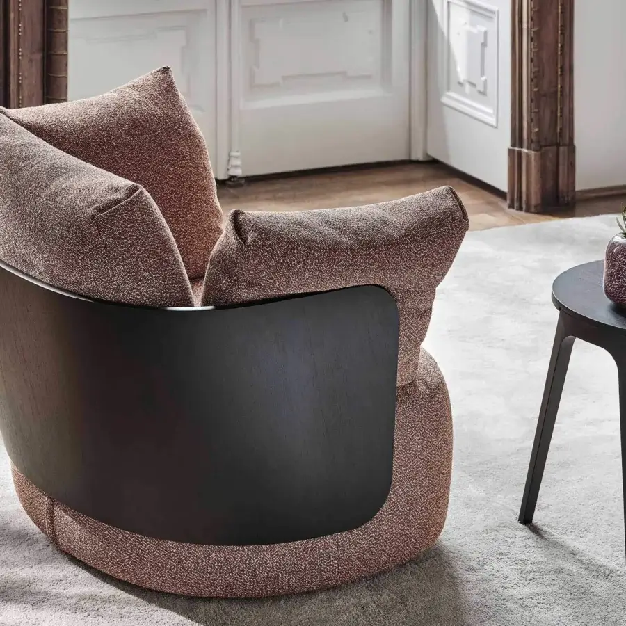 Superior Porada Calin armchair with curved Canaletto walnut and speckled rose-brown textile upholstery built with a sleek swivel metal base