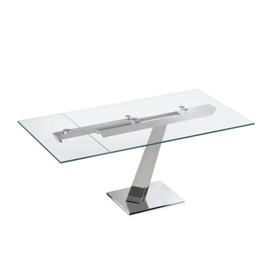 Distinguished Naos Help table with clear glass tabletop and brushed silver-toned metal base crafted in Italy
