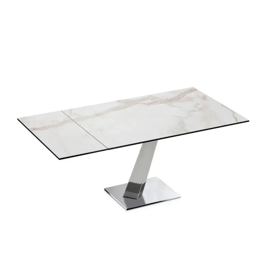 Superior Naos Help table with white marble-effect ceramic tabletop and polished silver-toned metal base