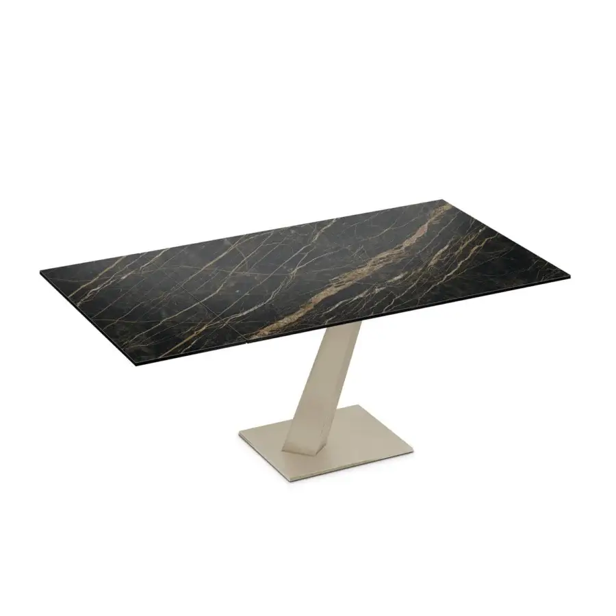 Exceptional Naos Help table with dark marble tabletop exhibiting golden veining and glossy finish, built with light gold satin metal pedestal base