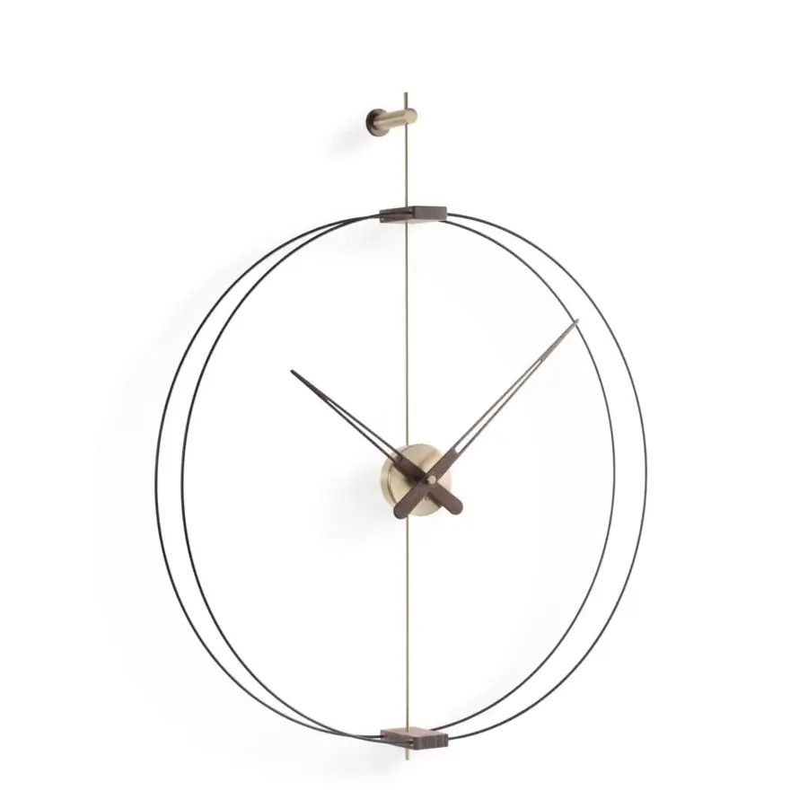 Elegant Nomon Mini Barcelona wall clock crafted with black fiberglass, walnut components, and delicate metal details in a muted gray/bronze tone