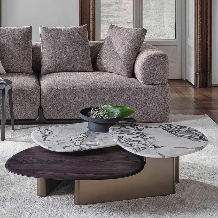 Captivating Porada Callisto Mix coffee table with dark wood and Dover White marble tops in Bronzoro-lacquered finish