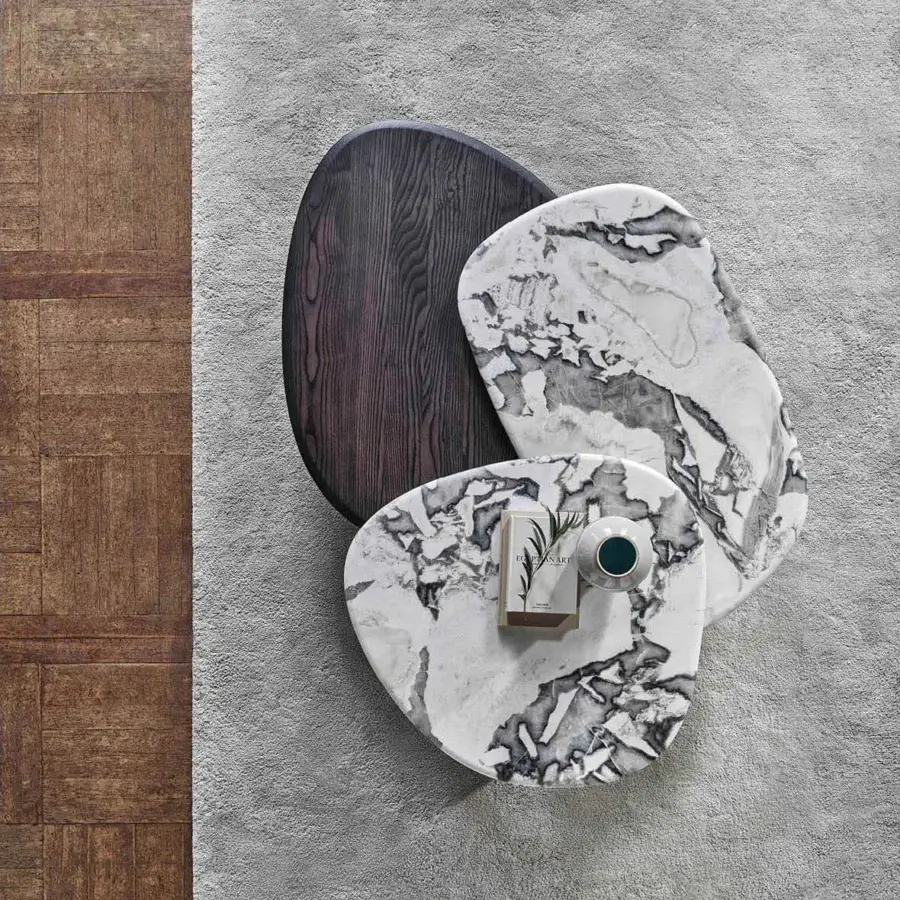Exquisite Porada Callisto Mix coffee table with Bronzoro-lacquered wood, Dover White marble tops and dark wood showcasing unique grey veining