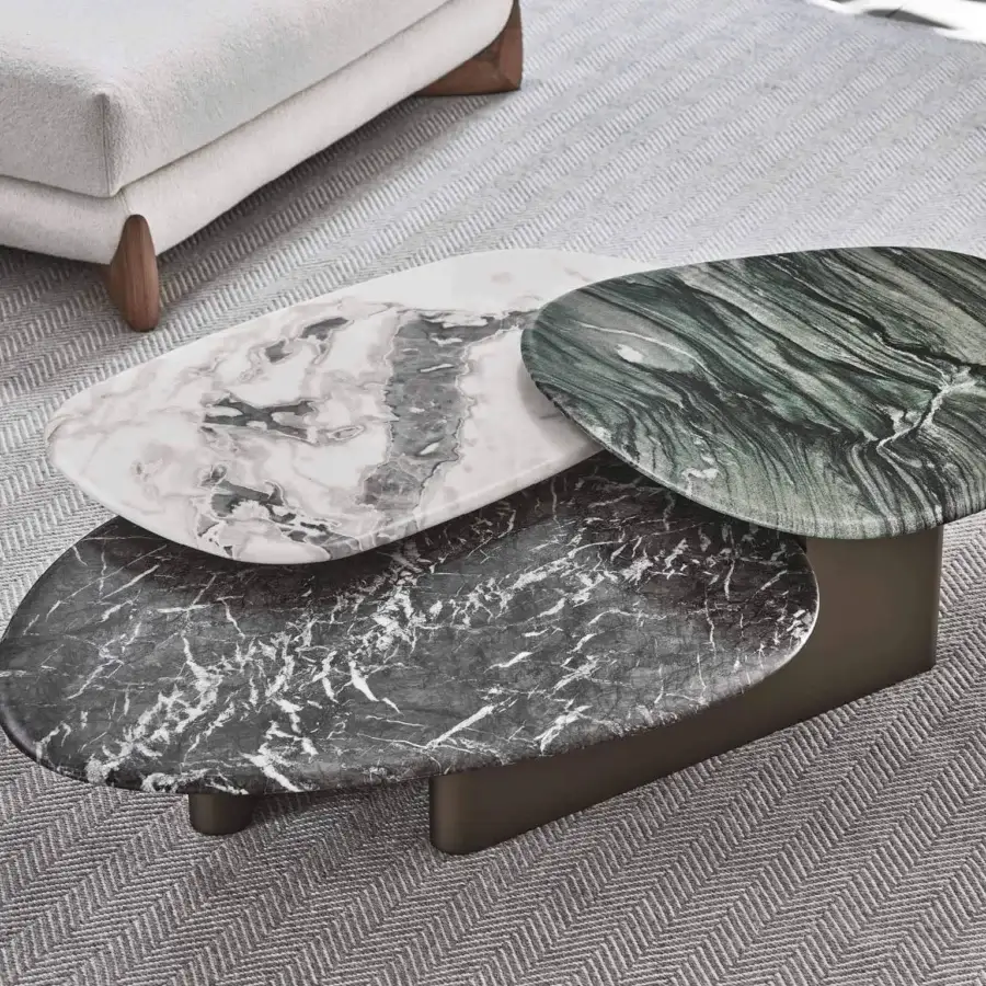 Lavish Porada Callisto Mix coffee table with Grey Carnico, Imperial Rome, and Lapponia Green marble tops in Bronzoro-lacquered wood