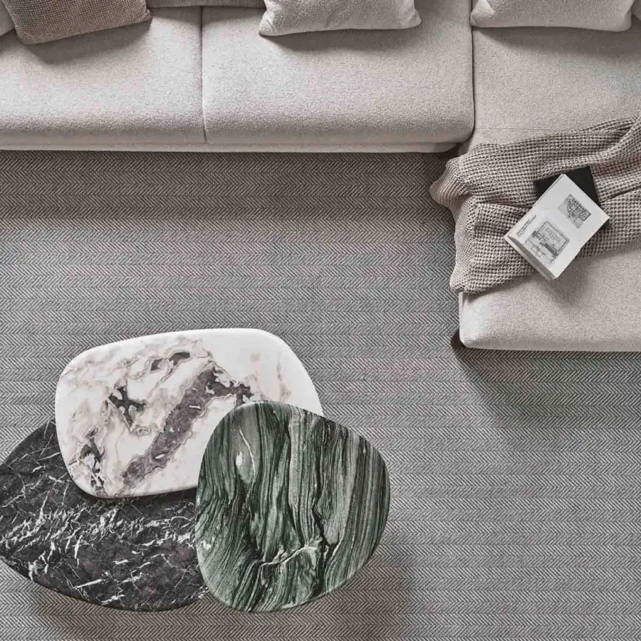Superior Porada Callisto Mix coffee table with overlapping Grey Carnico marble tops and Bronzoro-lacquered wooden base crafted with a polished finish