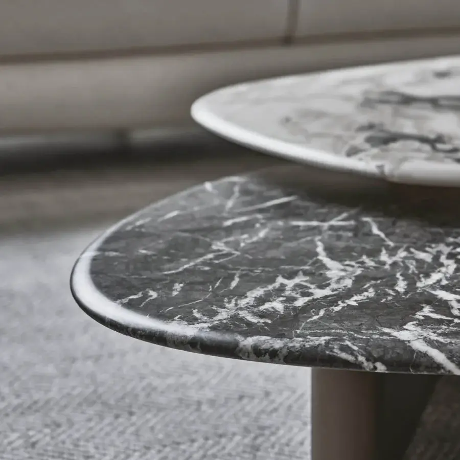 Distinguished Porada Callisto Mix coffee table with sculptural dark marble tops and matte Bronzoro-lacquered wooden base
