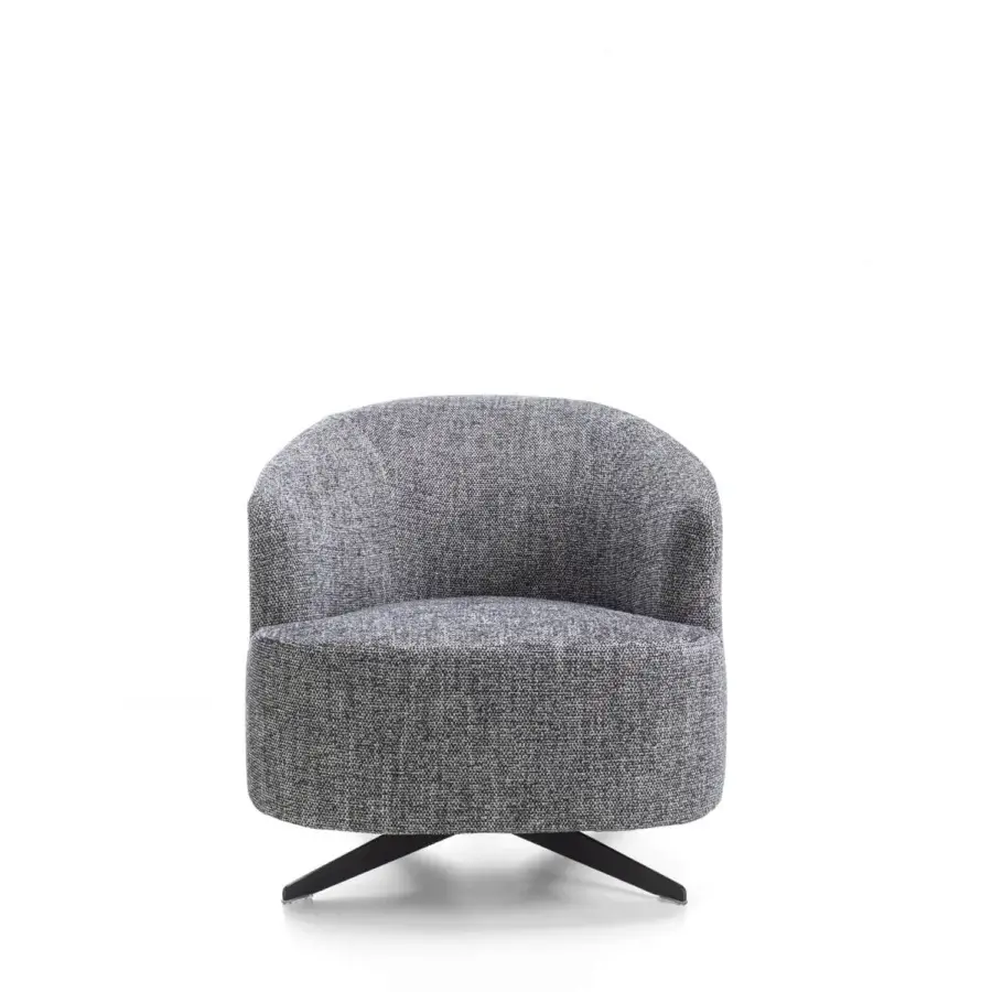 Elegant Porada Copine swiveling armchair with enveloping lines and muted gray woven textile, built with a satin-finish metal base