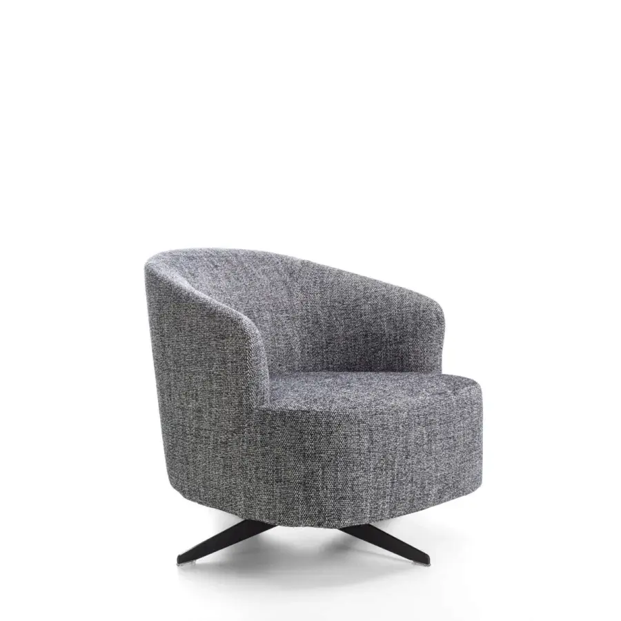 Distinguished Porada Copine swiveling armchair with soft lines and muted gray textured textile upholstery with a satin wooden base