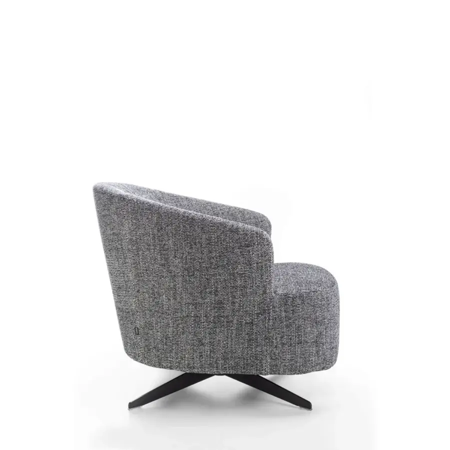 Superior Porada Copine swiveling armchair with enveloping lines in muted gray heathered textile and satin-finish metal base