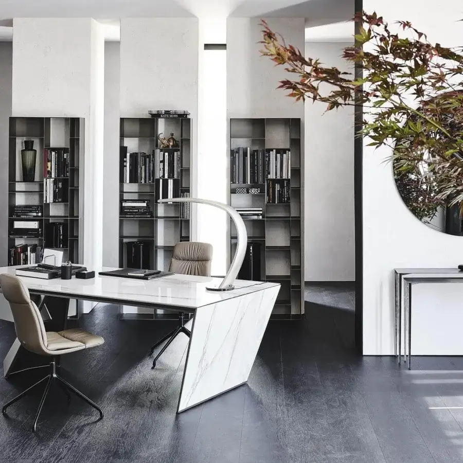 Sophisticated Cattelan Italia Nasdaq Keramik desk with marmi ceramic top and black chrome insert in embossed lacquered steel leg