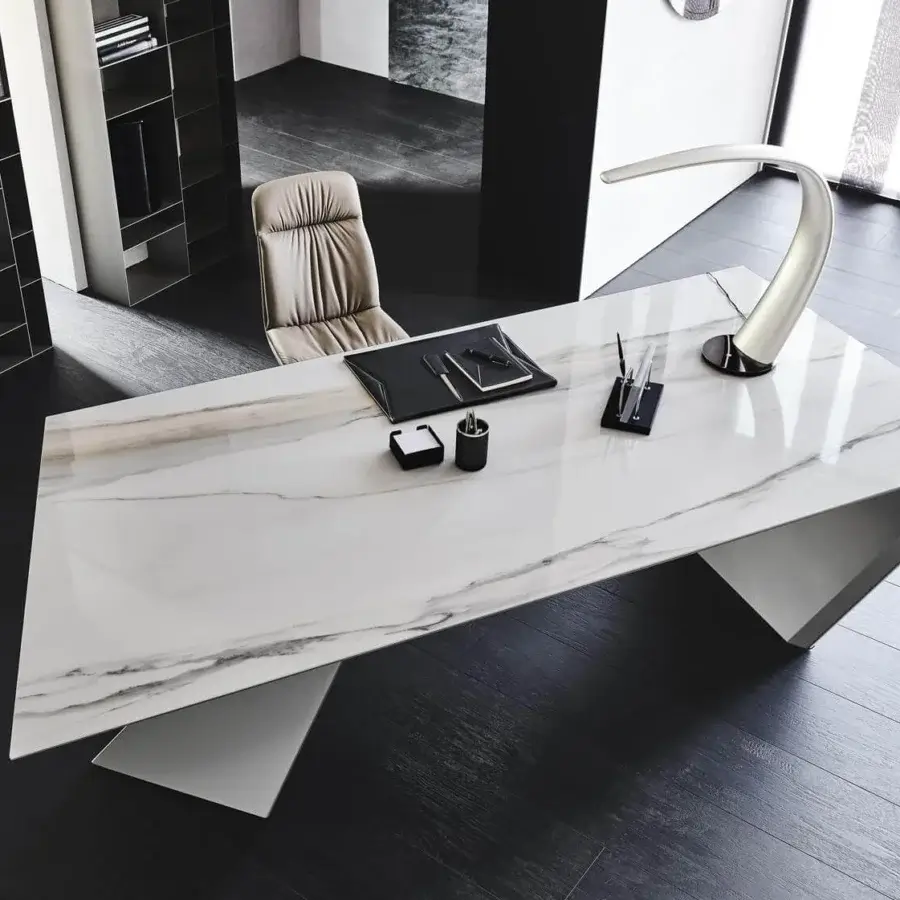 Elegant Cattelan Italia Nasdaq Keramik desk with glossy marmi ceramic top and embossed lacquered steel leg