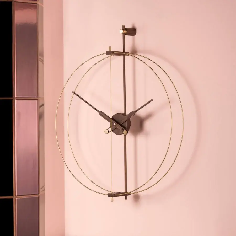 Superior Nomon Mini Barcelona Premium wall clock with double fiberglass, radiant polished brass and dark walnut center