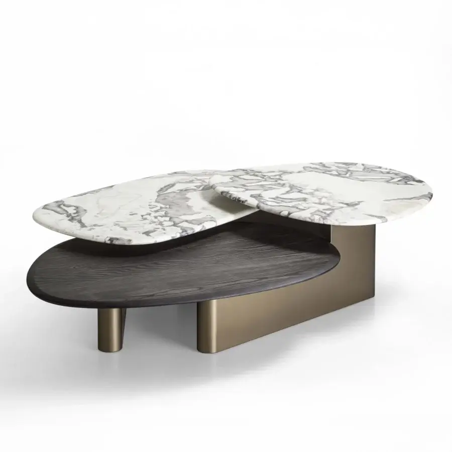 Exceptional Porada Callisto Mix coffee table with Grey Carnico marble and Bronzoro-lacquered wood base in a matte finish