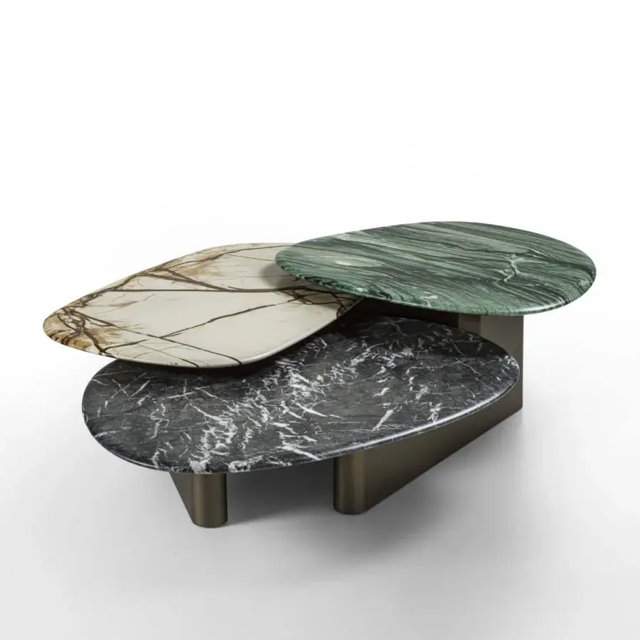 Captivating Porada Callisto Mix coffee table with Grey Carnico, Imperial Rome, Lapponia Green, and Dover White marble in Bronzoro-lacquered wood