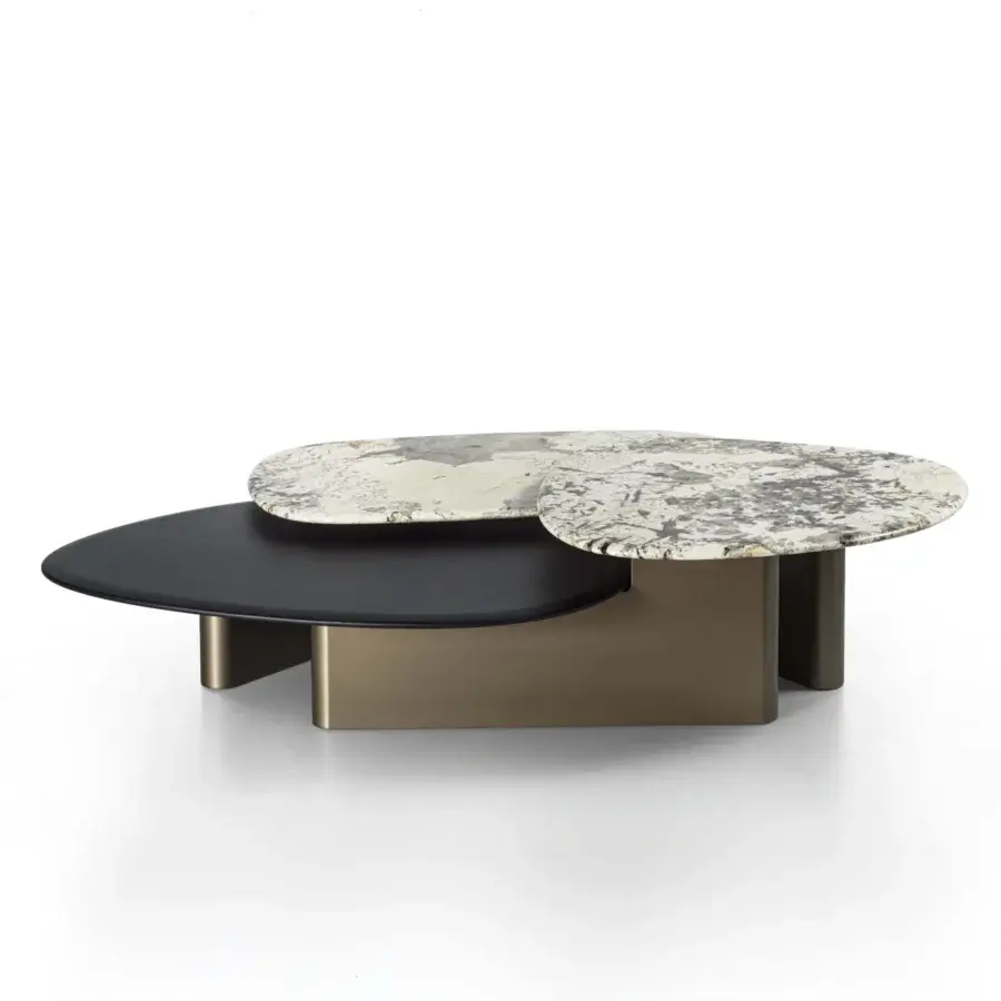 Superior Porada Callisto Mix coffee table with Grey Carnico marble and Bronzoro-lacquered wooden base crafted in Italy