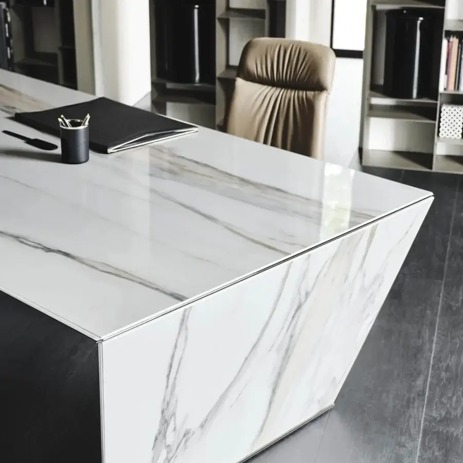 Distinguished Cattelan Italia Nasdaq Keramik desk with glossy marmi ceramic top and black chrome insert crafted in embossed lacquered steel and wood