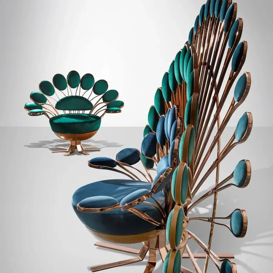 Captivating Visionnaire Pavone Throne lounge chair with sculpted cast brass backrest upholstered in plush teal fabric with satin bronze finish