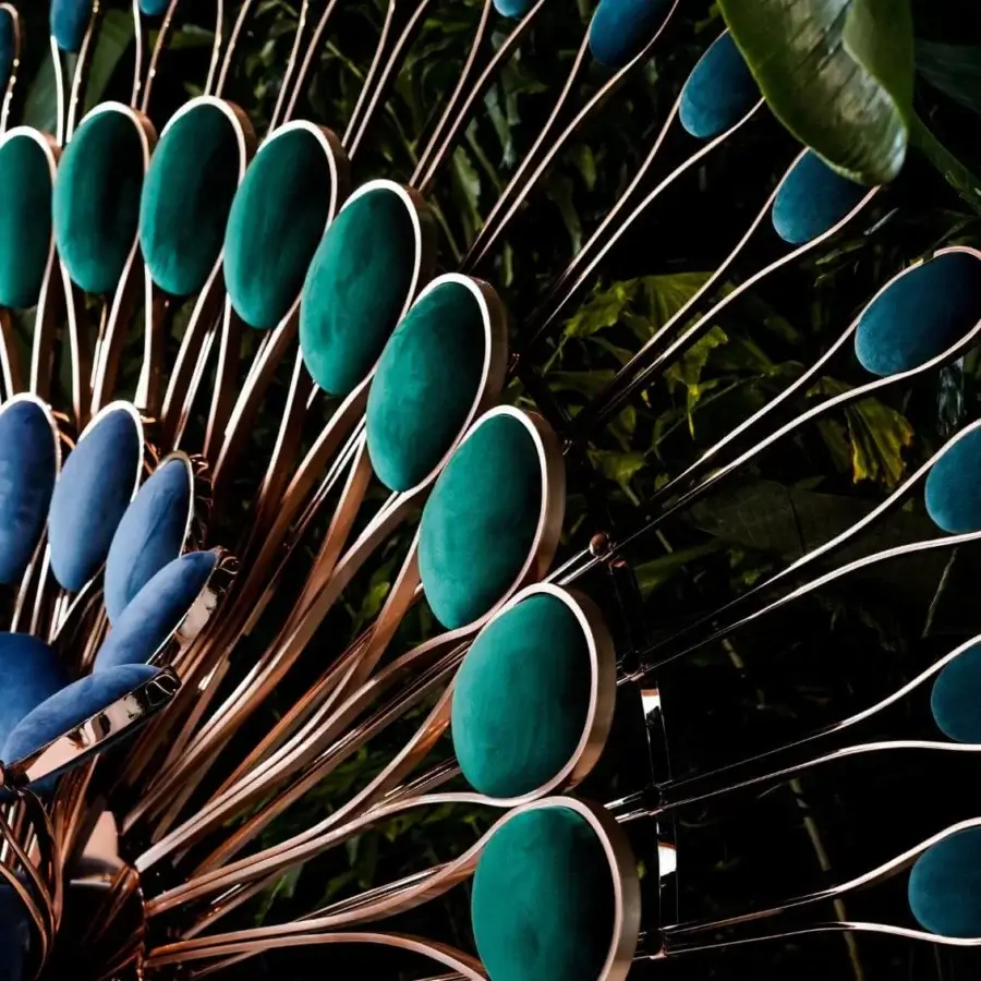 Exceptional Visionnaire Pavone Throne lounge chair with a fan-like silhouette and deep teal cushions in hand-polished steel-tone brass