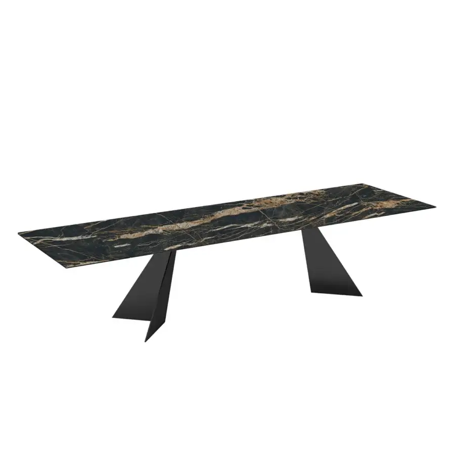Superior Naos Ingents table with rectangular stone tabletop and angled matte-finish metal supports crafted in Italy