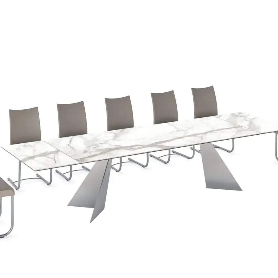 Distinguished Naos Ingents table with glossy white and gray marble-like stone ceramic tabletop and painted gray metal base