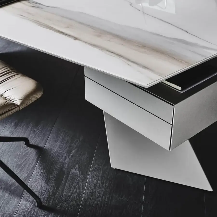 Superior Cattelan Italia Nasdaq Keramik desk with light gray embossed lacquered wood and glossy marmi ceramic top with black chrome insert