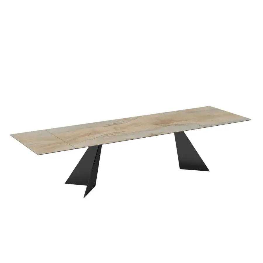 Exceptional Naos Ingents table crafted in refined stone ceramic with light beige and pale blue marbled patterns and a painted black metal base