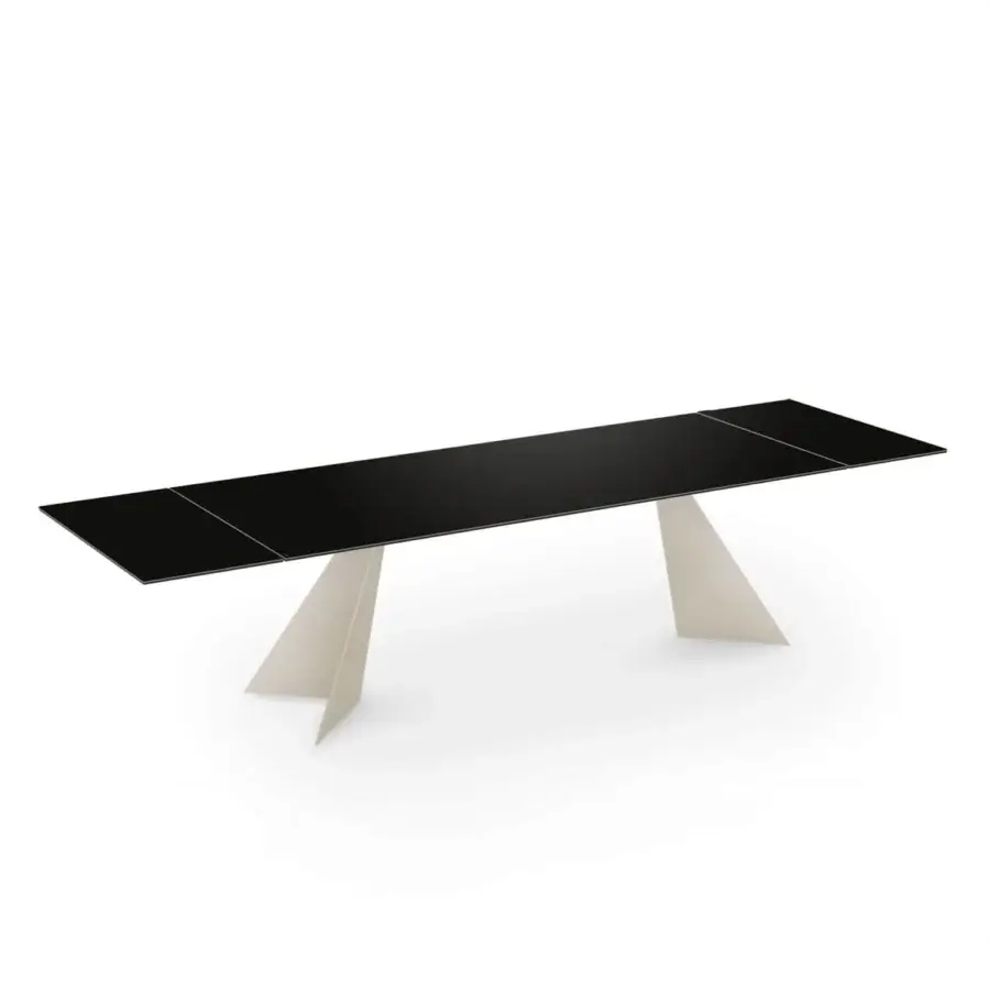 Elegant Naos Ingents table with black glass tabletop and light beige matte finish base crafted in Italy