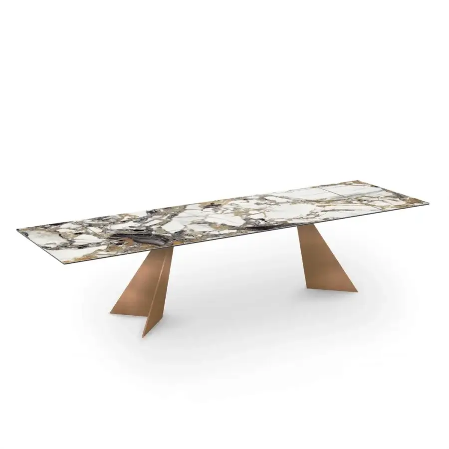 Distinguished Naos Ingents table crafted in white, grey, and gold veined stone ceramic with bronze-toned metal legs