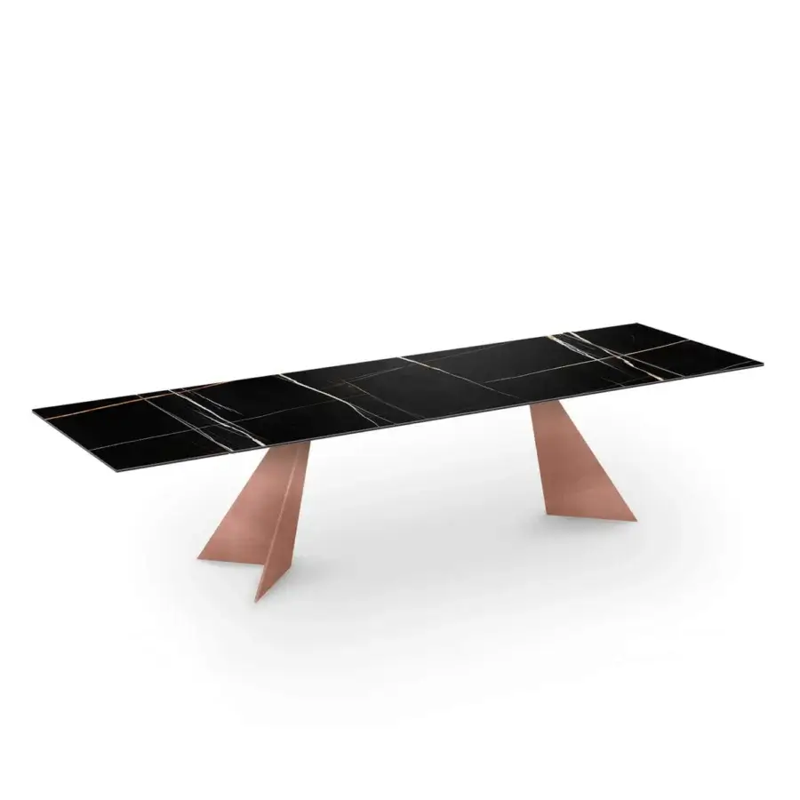 Exceptional Naos Ingents table with stone tabletop displaying black and gold veining, built with lustrous rose-gold satin-finish metal base