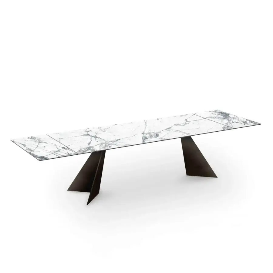 Superior Naos Ingents table with glass tabletop displaying white marble and grey veining, built with dark matte finished angled legs