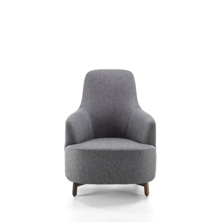 Elegant Porada Copine Bergere armchair upholstered in textured medium gray textile with a matte finish